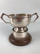 Hallmarked Twin Handled Silver trophy on wooden and silver banded plinth engraved "PIG HUSBANDARY