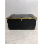 Antique Furniture, Traveling trunk with black painted finish and polished brass banding , drop