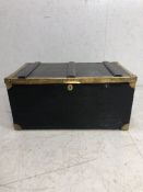 Antique Furniture, Traveling trunk with black painted finish and polished brass banding , drop