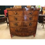 Antique furniture, 19th century polished bow fronted chest of drawers on turned legs, run of 3