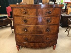 Antique furniture, 19th century polished bow fronted chest of drawers on turned legs, run of 3