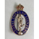 Military Interest: 9CT GOLD & ENAMEL "ROYAL CORPS OF SIGNALS" SWEETHEART BROOCH approx 37mm tall and