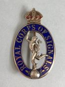 Military Interest: 9CT GOLD & ENAMEL "ROYAL CORPS OF SIGNALS" SWEETHEART BROOCH approx 37mm tall and