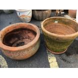 Two large weathered garden Terracotta Garden planters/ pots largest 40cm tall