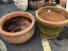 Two large weathered garden Terracotta Garden planters/ pots largest 40cm tall