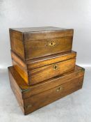 Antique boxes, 3 wooden boxes, one campaign style with brass fittings, a writing box with ink