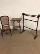 Antique furniture, 3 items being a dark wood towel rack, a nursing chair with wicker seat and