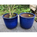 Pair of glazed blue Garden pots approx 35cm tall
