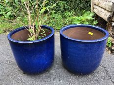 Pair of glazed blue Garden pots approx 35cm tall