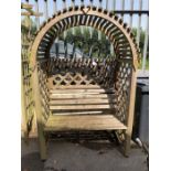 Wooden garden bench seat with wooden surround/ pergola approx 200 x 136 x 75cm