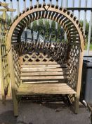 Wooden garden bench seat with wooden surround/ pergola approx 200 x 136 x 75cm