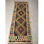 Oriental rug, Hand knotted wool Chobi Kilim runner with geometric pattern 190 x 73cm