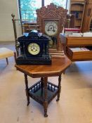 Two mantle clocks, one marble and a octagonal occasional table on castors