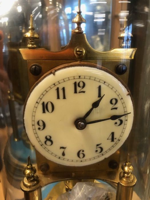 Antique clocks, a brass clock with enamel dial by Gustav Becker under glass dome and a wooden - Image 6 of 12