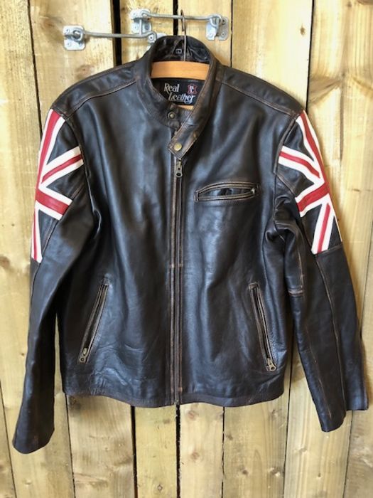 Vintage Clothing , 1 leather biker style jacket with union flag design on shoulders, labelled size