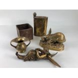 Brass and copper , a collection of items to include an arts and crafts copper NEWLYN box, sculpted