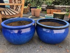 Two Large Blue glazed garden planters
