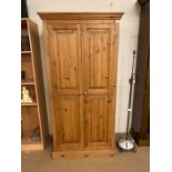 Small pine two door wardrobe with shelf and hanging rail, approx 95cm x 60cm x 190cm