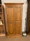 Small pine two door wardrobe with shelf and hanging rail, approx 95cm x 60cm x 190cm