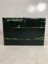 Antique Pine chest with green painted finish drop metal handles to sides, approximately 91 x 46 x