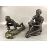 Art sculpture interest, two clay male Maquette figures one seated on the floor the other in a