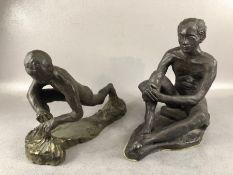 Art sculpture interest, two clay male Maquette figures one seated on the floor the other in a