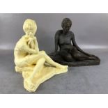 Art sculpture interest, two clay maquette statues of women siting on the floor one with a bronze