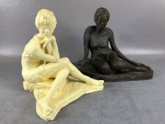 Art sculpture interest, two clay maquette statues of women siting on the floor one with a bronze