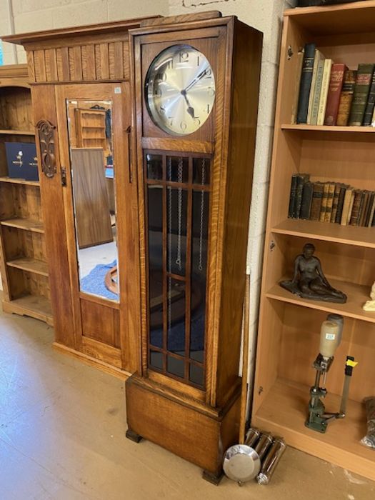 Art Deco grandfather clock with silver dial and circular aperture, with silver drop weights and - Image 2 of 6