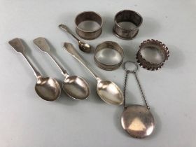 Collection of silver items all hallmarked to include spoons, napkin rings etc (approx 140g total)