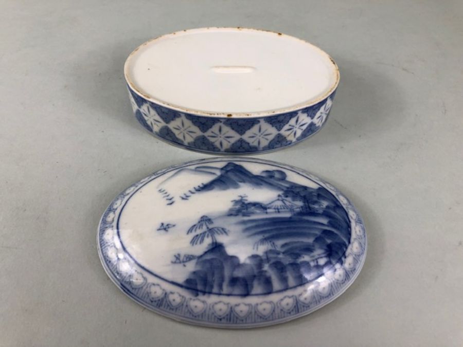 Chinese Art, Two Blue and white ceramic oval shaped pots with geometric patterns the lids with - Image 13 of 13