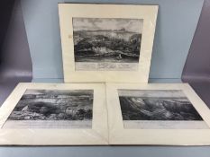 Pictures, 3 etchings of local interest being a view of the Landslip at Lyme Regis 1840, Ruins