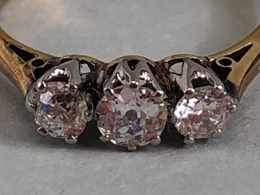 Three stone Diamond ring on yellow Gold size approx K - Image 5 of 5