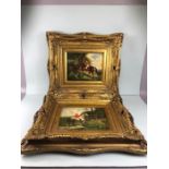 paintings, 2 reproduction paintings of hunting scenes in decorative gilt frames each approximately