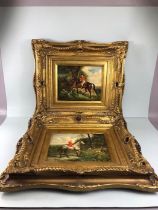 paintings, 2 reproduction paintings of hunting scenes in decorative gilt frames each approximately