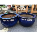 Pair of blue Glazed large Garden planters diameter 49cm and 31cm tall