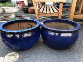 Pair of blue Glazed large Garden planters diameter 49cm and 31cm tall