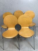 Retro chairs, 5 modern plywood formed bistro chairs in a 60s design, with chrome metal legs