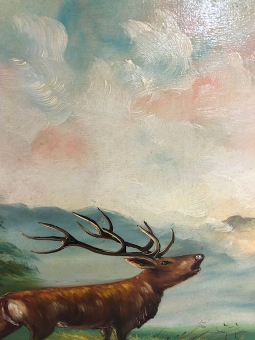 Vintage painting, large oil painting in frame of a stag in wooded heathland signed Borlacch - Image 3 of 4