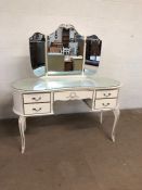 Mid century furniture, 1960s/70s kidney shaped dressing table and mirror in an off white finish with