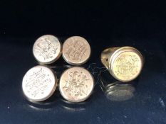 Pair of Gold cufflinks and a Gold signet ring all with matching engraved initials the ring