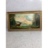 Vintage painting, large oil painting in frame of a stag in wooded heathland signed Borlacch