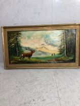Vintage painting, large oil painting in frame of a stag in wooded heathland signed Borlacch