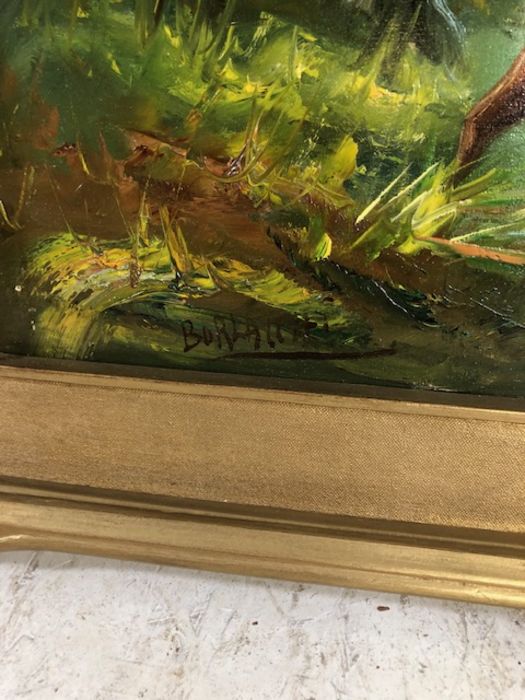 Vintage painting, large oil painting in frame of a stag in wooded heathland signed Borlacch - Image 2 of 4