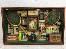 Sporting memorabilia, Framed display of Lawn Tennis items, comprising of Rackets, Balls trophy's,