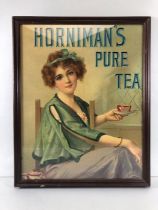 Advertising collectables interest, Antique Horniman's Pure tea shop sign of a young woman holding