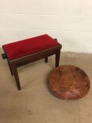 Furniture, vintage wooden piano stool upholstered in red fabric and a leather pouffe