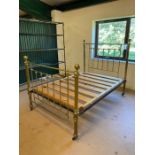 Antique bedstead, double bed frame with brass head / foot boards of standard spindle an knob design,