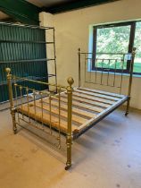 Antique bedstead, double bed frame with brass head / foot boards of standard spindle an knob design,