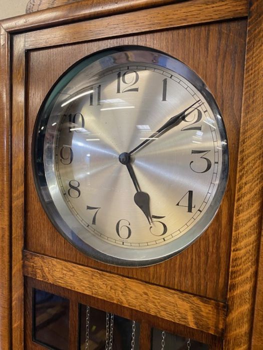 Art Deco grandfather clock with silver dial and circular aperture, with silver drop weights and - Image 3 of 6